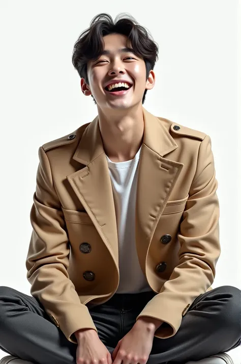 Realistic portrait of a 20-year-old Korean man wearing a stylish K-pop costume, sitting and facing forward, shown from the waist up. The man is laughing joyfully, with a clean white background. The image should have highly detailed textures, natural lighti...