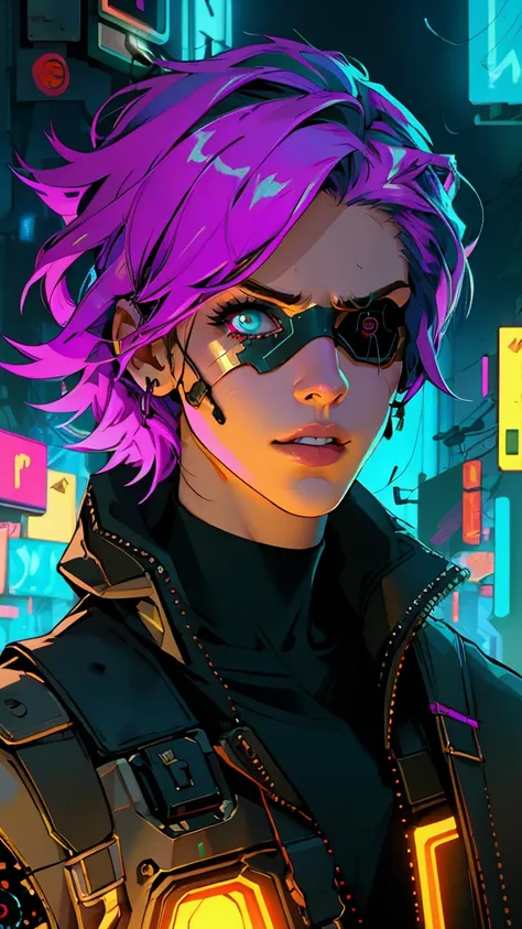 a cyberpunk female android with cybernetic body modifications, techarmor, lilac short hair, eyepatch, intricate cyberpunk mechanical details, dramatic lighting, neon cyberpunk city background, (best quality,4k,8k,highres,masterpiece:1.2),ultra-detailed,(re...