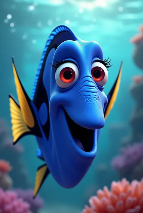 Fish Dori from Finding Nemo ,  with a super sexy look and good lipstick
