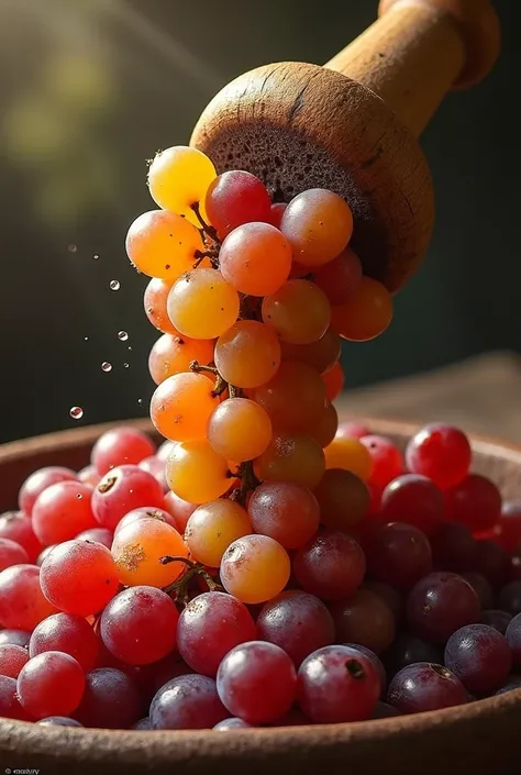 Create grapes being crushed with a pestle 