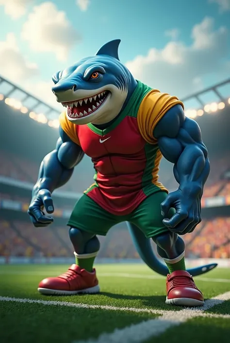 strong shark with muscles wearing a red, greem and yellow
 shirt in a football stadium
