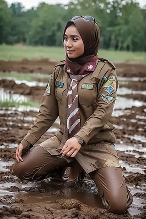 A pretty girl kneeling in the mud, in dirty pramuka shirt, brown skirt, tie, gloves, in dirty combat boots, covered in mud, captured by enemy forces, in the mud, Soaked, high details, UHD, textured skin, high details, UHD, anatomically correct, textured sk...