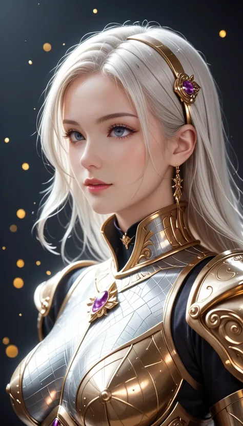 "Angelic female knight character in anime style illustration, wearing lustrous golden armor. Flowing platinum-white hair reaching waist length, captured in elegant side profile view. Armor consists of geometric patterned golden plates with intricate metall...