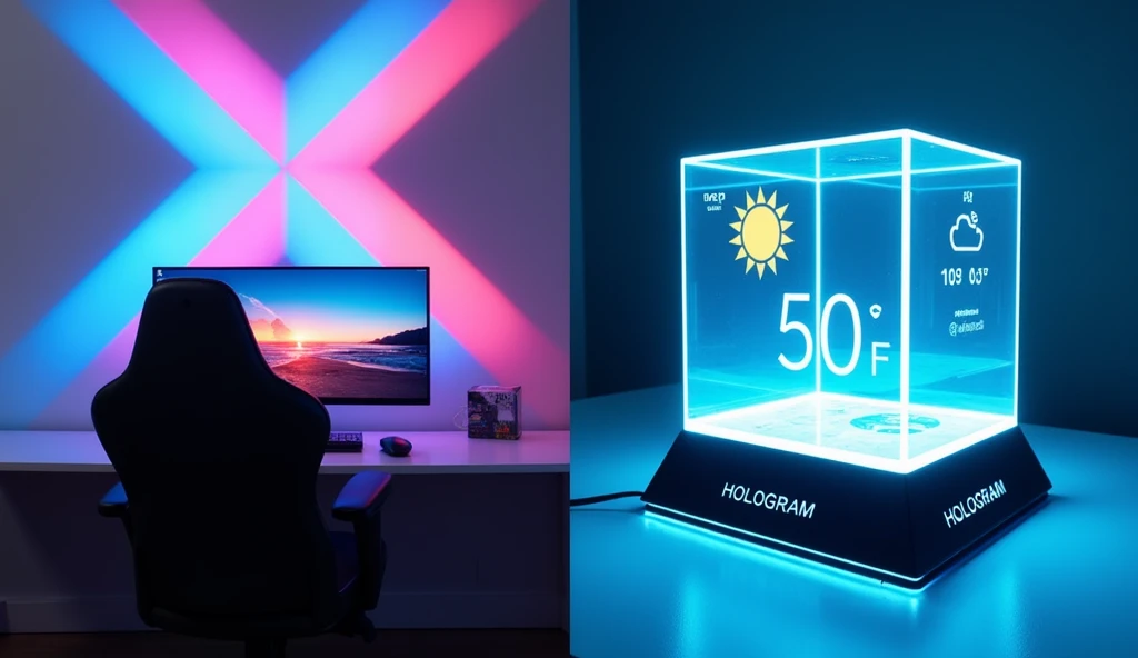 Image is a split layout featuring two distinct tech setups. On the left, a modern gaming setup is highlighted by a geometric wall light composed of triangular panels in vibrant colors such as blue, pink, and purple, forming an X shape. Below the lights, a ...