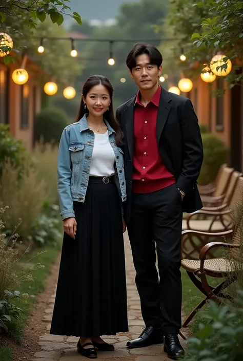 beautiful mother Korean woman 50 agged, a mother long hair tied slightly, wearing a short-sleeved white shirt, jeans jacket, long black skirt, and a handsome Korean man wearing a red shirt, black jacket and black trousers, standing, photo OOTD style, garde...