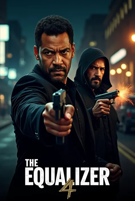 Create a poster for the movie "The Equalizer 4" with Denzel Washington, Keanu Reeves. The poster has an action, crime style, with elements of mystery and tension. The poster focuses on two main characters, holding pistols. The background of the poster is a...