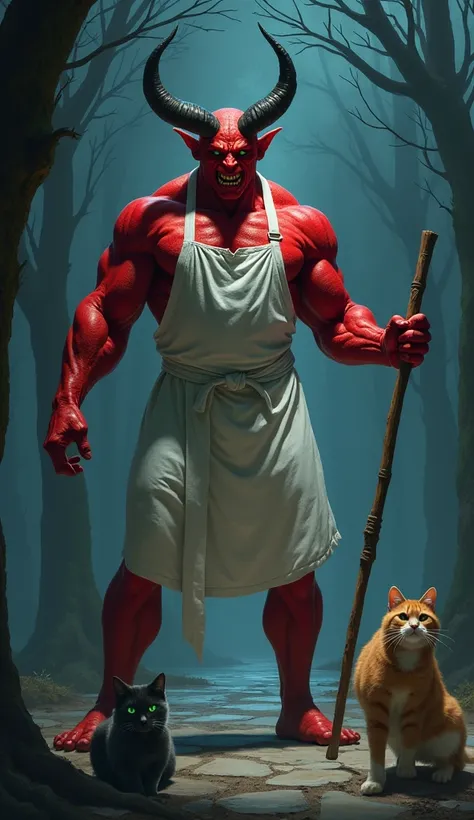 angry satan holding a stick to chase away stray cats. muscular satan, red skin, big horns, wearing chefs outfit. night park