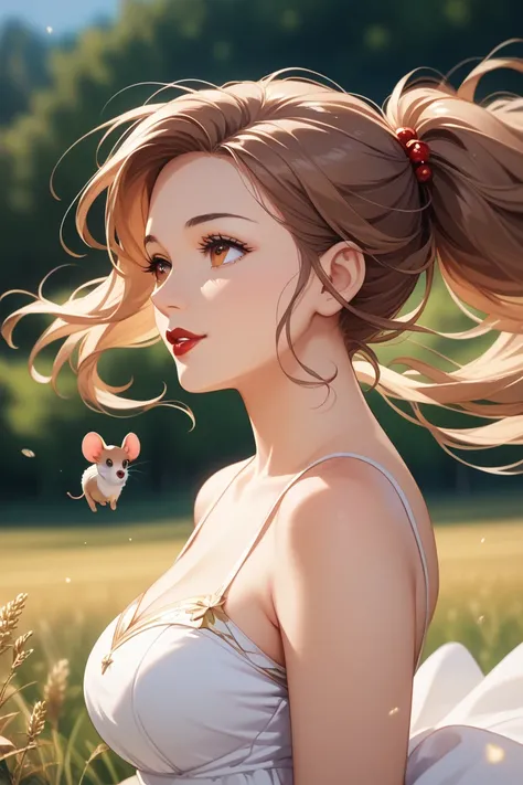 (masterpiece:1.4),, ( top quality :1.4),,  super high res,, 8k, CG,, ( very delicate and beautiful :1.2),, ,  upper body,, from side,,  viewers,, ,  One girl ,, Alone,,  Fashionable Girl ,, Mature Girl,, , cute, sweet,, , In the wheat field,, Blurred Backg...