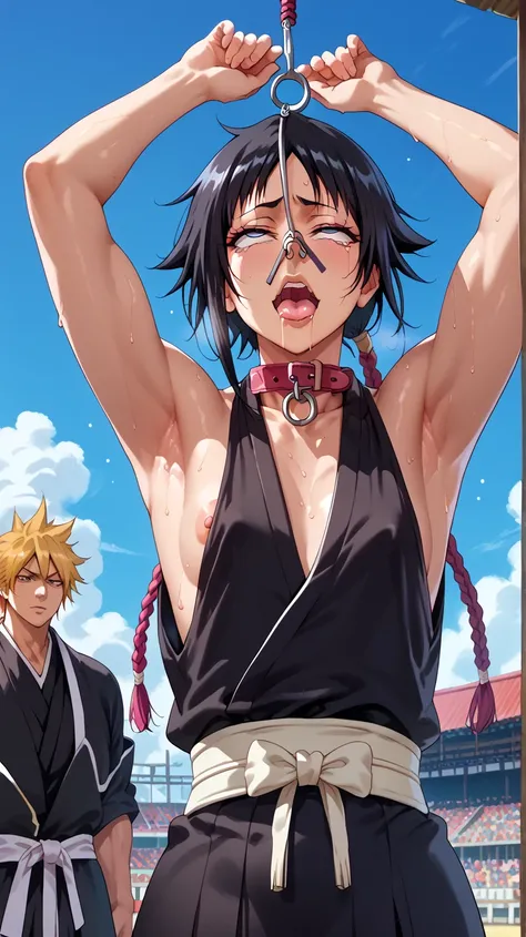 a picture, inspired by Kentaro Miura, trending on pixiv, soifon from bleach, black uniform, favorite scene, fine details, skins, sweating, small breasts, both hands raised, armpits, (small head),armpits visible, dripping with sweat, more more sweat, ((Japa...