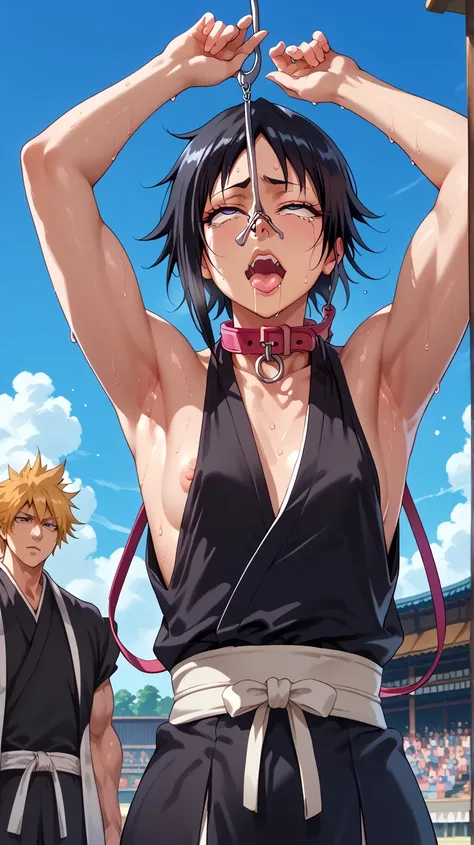 a picture, inspired by Kentaro Miura, trending on pixiv, soifon from bleach, black uniform, favorite scene, fine details, skins, sweating, small breasts, both hands raised, armpits, (small head),armpits visible, dripping with sweat, more more sweat, ((Japa...