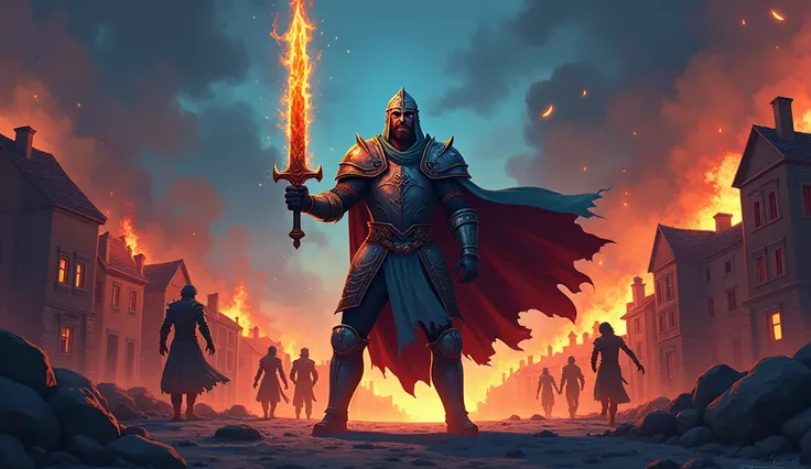 A dark medieval scene where Ser Alric, transformed by the cursed sword, wreaks havoc upon his once-peaceful kingdom. Clad in corrupted silver armor, he wields a glowing, malevolent sword, destroying villages with flames and chaos. Homes burn as terrified v...