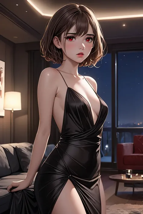  (masterpiece,  best quality, 8k,  high definition ), whole body,  1 girl ,  messy short brown hair, small-chest,  red Eyes ,  soft lips , plain face,  wearing a slinky black cloth nightclub dress,  natural light,  detailed background,  Detailed Illustrati...