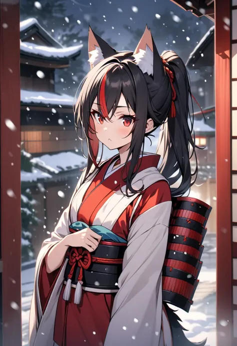 Black hair, long hair, streaked red hair, ponytail, cat ears, black fox tail, japanese clothes, japanese armor, :<, snowing, red eyes, solo, red eyes, young woman