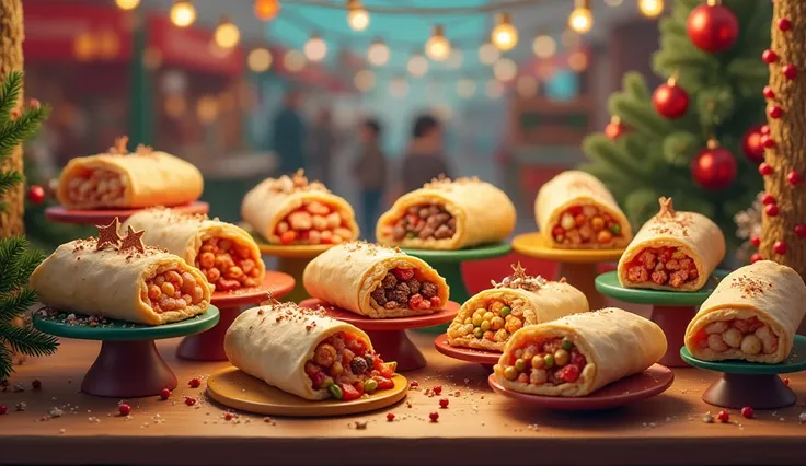 An image showing several burritos at a Christmas-themed art fair
