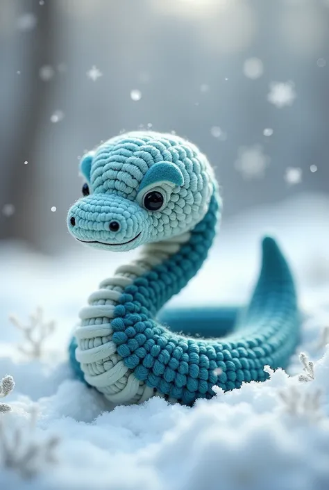 A crochet snake with a light blue head that transitions smoothly into a dark teal at the tip 雪の中で
