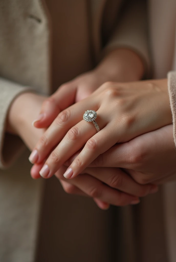 Womens hands clasped with engagement ring