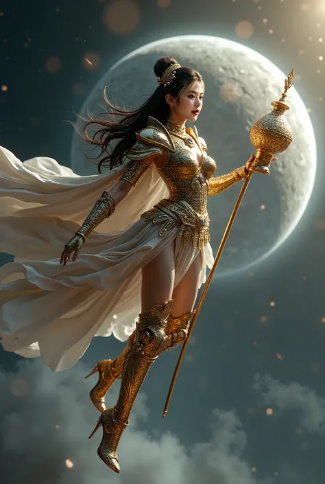 Wide angle, 3D character, UHD 16k, Full body shot of a Thai-Japanese woman flying, carrying a cauldron of Aquarius (made of stenciled platinum mixed with gold) inspired by ancient cauldrons, (Beautiful face, Slender figure, Graceful figure, Large  firm bre...