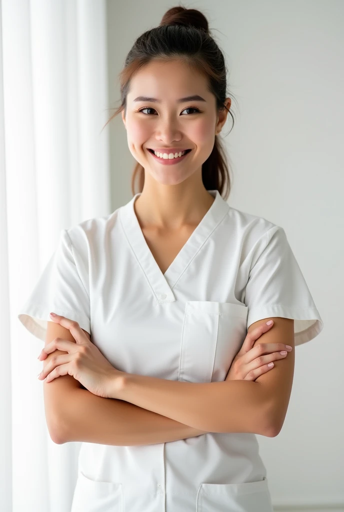 photograph of a smiling masseuse crossing her arms on a white background