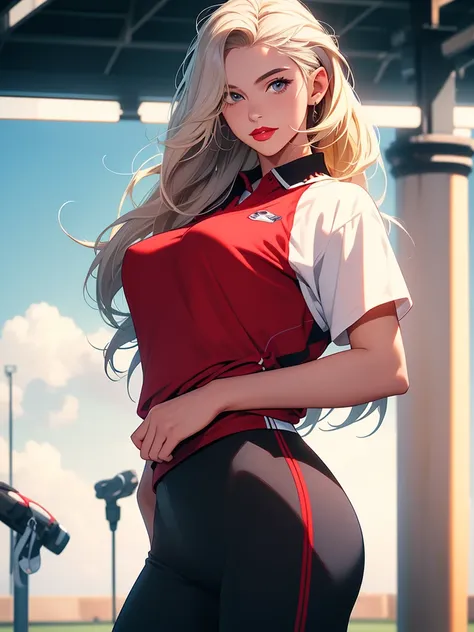   masterpiece,   better quality, (photorealistic  :1.4),  a girl,   full body shot ,   a beautiful woman, shirt, (Bermuda:1.2), (  sports uniform:1.3), (skinny, Athletic:1.1), (  long hair, blonde platinum hair:1.1),   detailed face  ,   smiling,   red lip...