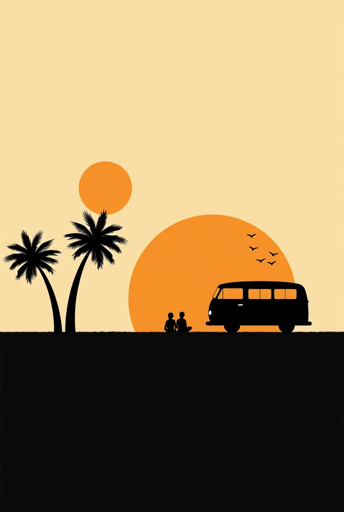 Image is a minimalist, silhouette-style illustration featuring a sunset scene. The layout is vertically oriented with a large sun setting in the background, casting a warm, orange glow across the sky. In the foreground, there are two palm trees leaning sli...