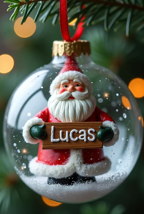 Create a Christmas tree ornament ball with Santa Claus inside holding a sign with the name L U C A S