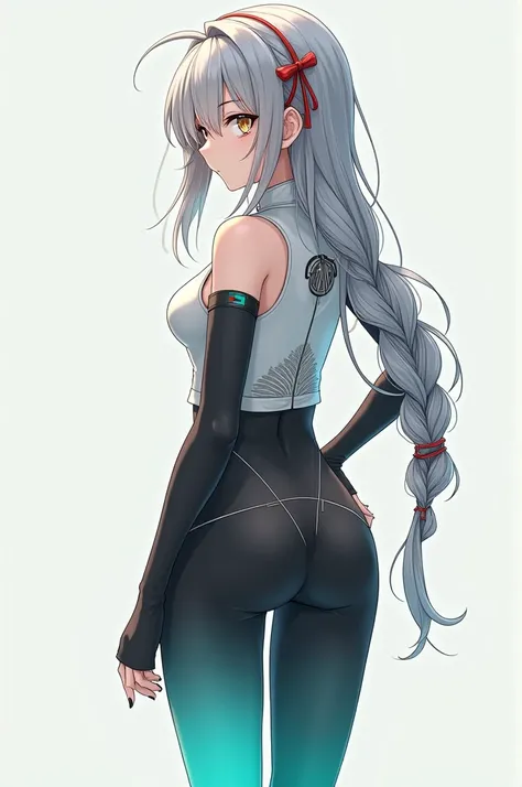  Create me an anime girl CGI with long hair with a silvery-white gradient that turns black at the tips,  her hair is separated in the center with uniform locks that flow just beyond chin height , framing her face,  one side of her hair covers her right eye...