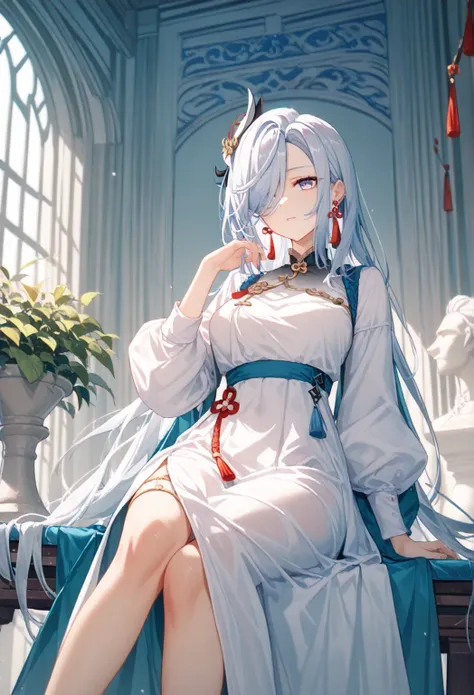 this is a statue of a woman in a white dress looking out, 1girl, solo, shenhe (genshin impact), tassel earrings, tassel, long hair, jewelry, white hair, sitting, dress, hair over one eye, long sleeves, earrings