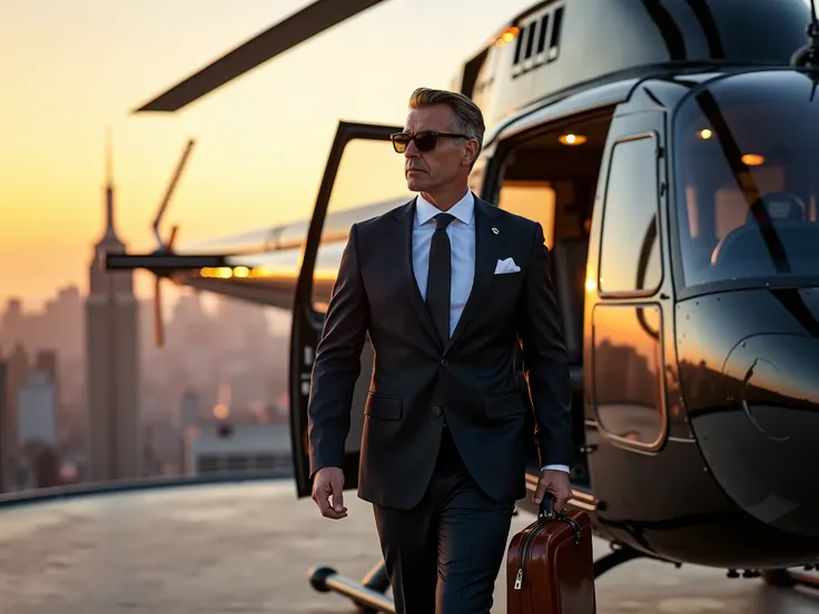 "A wealthy man in a tailored suit, wearing sleek sunglasses, steps out of a luxurious helicopter on a helipad atop a skyscraper. The man exudes confidence as he carries a polished briefcase, with a well-groomed appearance. In the background, the city skyli...