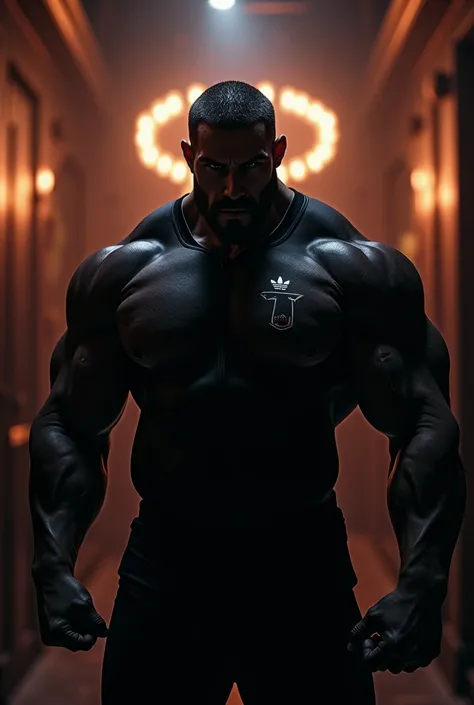 A bouncer with big muscles and a black jersey 