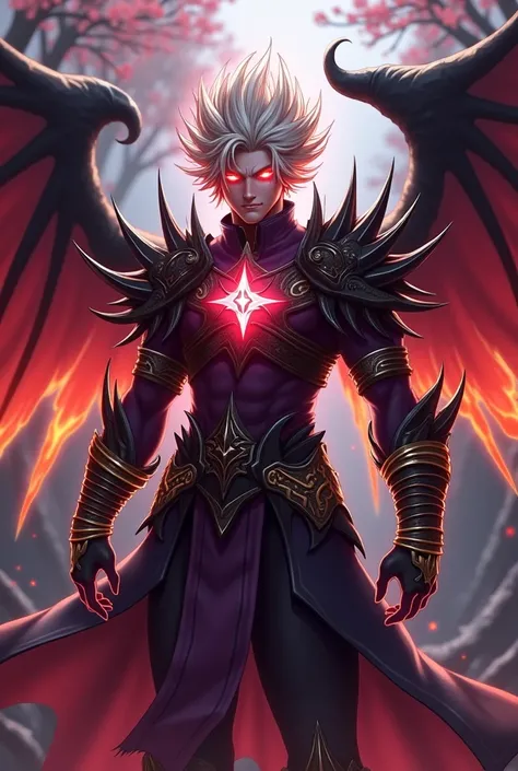 "A fantasy male character design that merges the elements of fire and darkness. This character has wild, silver-blonde hair with fiery tips glowing like embers. They wear a dark black armor accented with purple and red, adorned with golden rings wrapped ar...