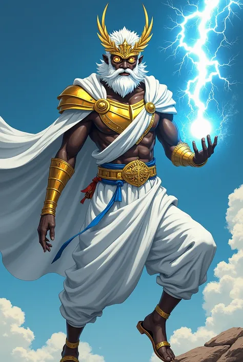  A STURDY BLACK YOUNG MAN WITH WHITE BEARD AND WHITE HAIR CUT GUTS STYLE ,  inspired by the manga BERSERK by Kentaro Miura ,  WEARING A GOLD VISOR WITH A RAY SYMBOL AND A LAUREL CROWN , Anil cover ,  wearing a white robe with blue details over gold armor, ...