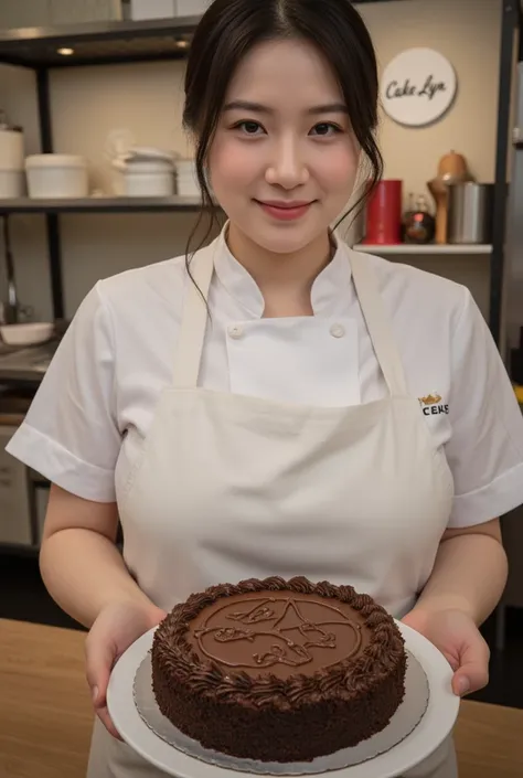 Ultra realistic medium hair semi-chubby chef women holding a choco moist cake with design, wearing apron. Kitchen baking tools in the back. Cake Lyn signage on the wall.