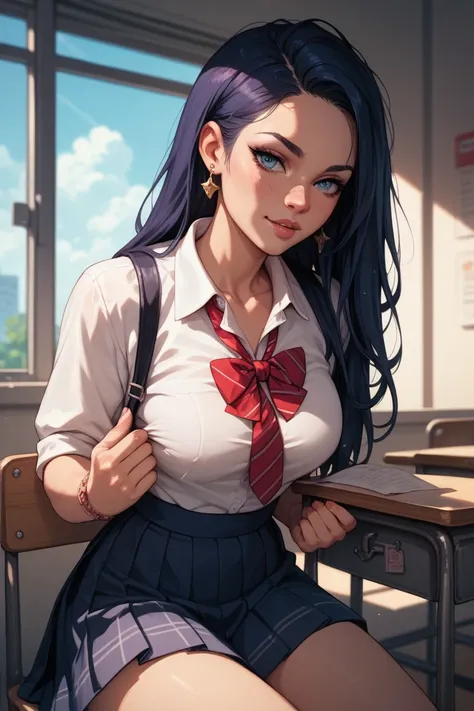 Schoolgirl touches her chest with her hands 