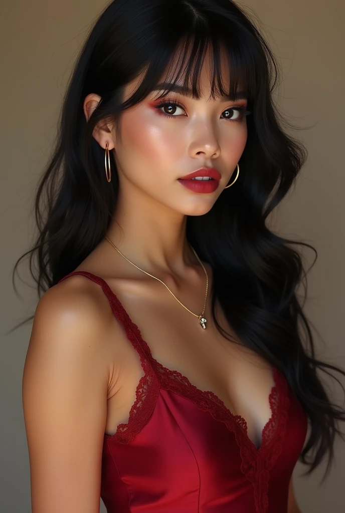 Anastasia, a stunning Asian-Hispanic beauty with long black hair and bangs, is dressed in a sleek, deep red satin dress that hugs her curves, with delicate lace detailing along the neckline. Her hair is styled in soft, romantic waves, cascading down her ba...