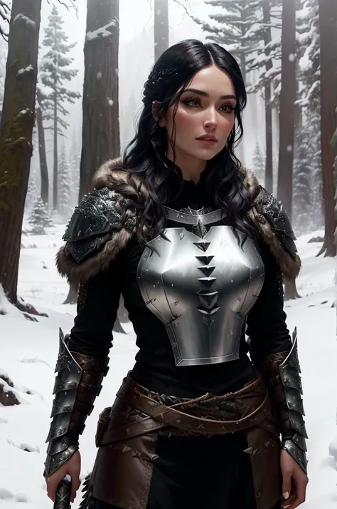 arafed woman in armor standing in a snowy forest, skyrim inspired, wearing intricate fur armor, yennefer of vengerberg, yennefer, fur and leather armor, stunning armor, wolf armor, very stylish fantasy armor, female armor, skyrim armor, ornate cosplay, red...