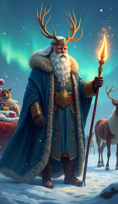 "Envision a stunning hybrid of Odin and Santa Claus, seamlessly combined into a single mythical figure. This being has Odin’s majestic presence with a long braided beard, a single piercing eye, and a cloak of deep blue adorned with Norse runes, blended wit...