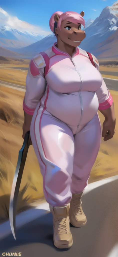  alone,Big Tall Girl ,huge body lady ,Standing , road, holds a scythe as a weapon and as an envoy.,hippo , Military pink spacesuit ,  Overweight ,  muscle, quiet , Pink ponytail hairstyle , by chunie 