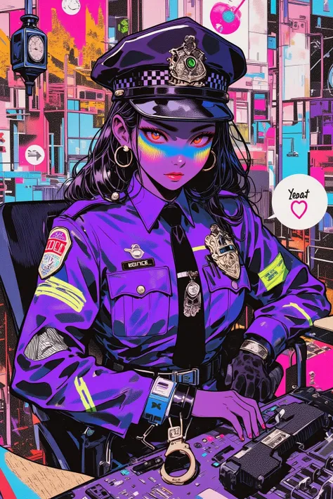   Police officer woman,Women say 「Lets call it 」, Purple ,Neon Pink,black,light blue,Navy Blue, surreal collage,a contemporary artistic collage,collage artwork,  new album jacket  ,  Great Job  !! ,digital collage、(collage ),collage art,contemporary collag...