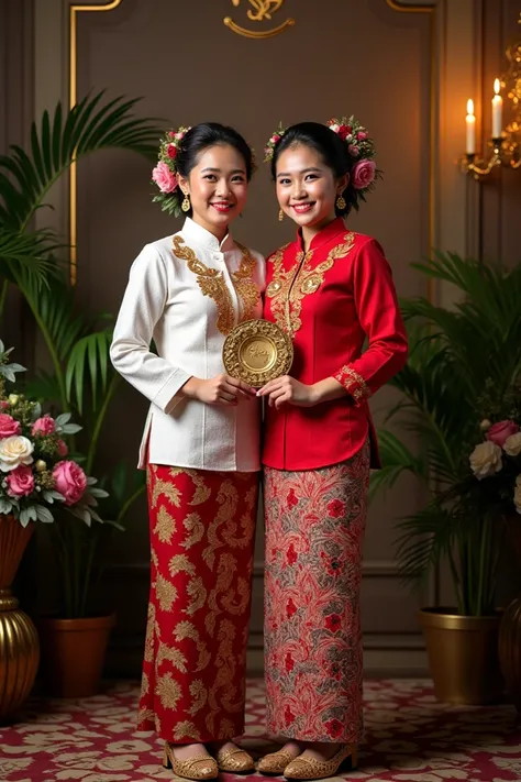  Full body photo of 2 beautiful Indonesian women with sweet smiling faces , disanggul ,  Indonesian traditional brocade kebaya red and white with beautiful sequin decoration,  long batik skirt ,  wearing beautiful shoes , They are standing in a beautiful p...