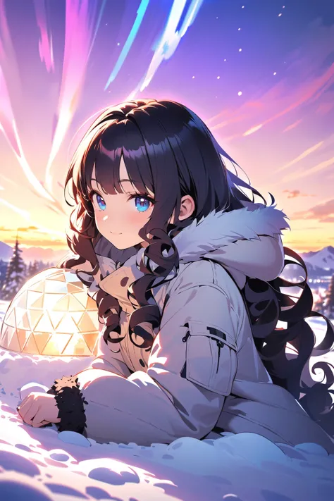 1 girl, (cute face), (shoulder-length curly hair:1.2), (light blue eyes), small breasts, slim, (wearing a fusion of a traditional Inuit parka and protective armor), (with fur accents), BREAK  
Snowy tundra, icy landscape, (glowing auroras:1.2), (building a...