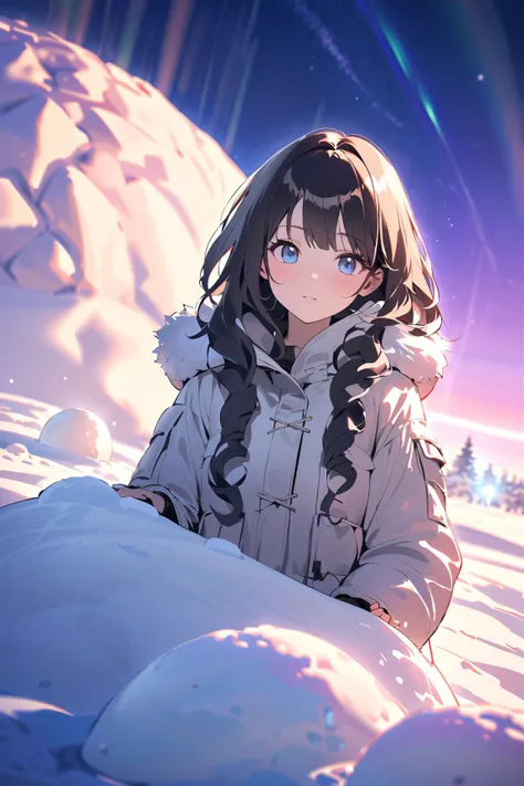 1 girl, (cute face), (shoulder-length curly hair:1.2), (light blue eyes), small breasts, slim, (wearing a fusion of a traditional Inuit parka and protective armor), (with fur accents), BREAK  
Snowy tundra, icy landscape, (glowing auroras:1.2), (building a...