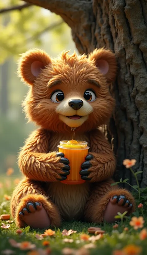  Real-cartoon fairy-tale world, high quality ,  highly detailed ,  hyperrealistic ,  incredibly realistic ,  photorealistic , 8k, bear, curly and shaggy fur ,  in paws holds honeycomb ,  sitting under a large winged oak