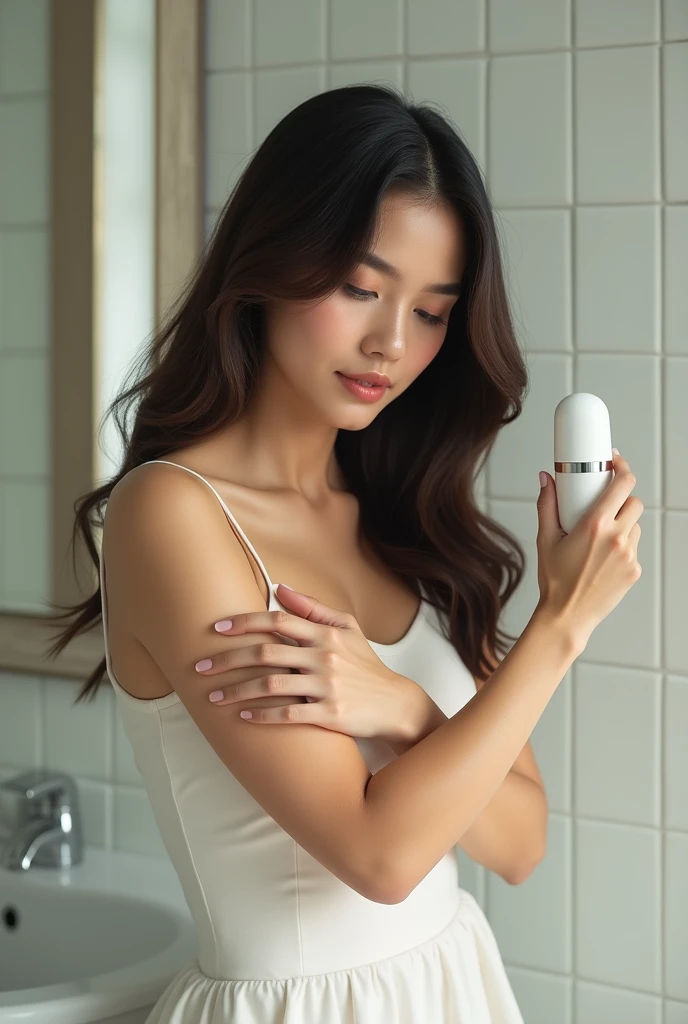 Woman putting on roll-on deodorant on her armpit