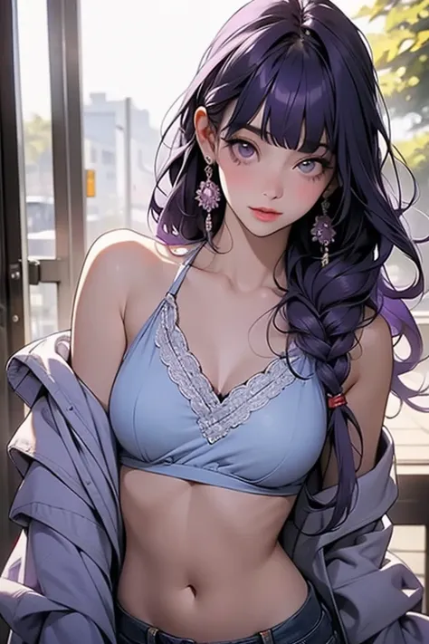   1 girl, blunt bangs,        ((  beautiful eyes)).  braiding         ,    width ,        hair accessories ,Obi says, (Purple Hair:1.2),          long hair ,        Close up shot of a high school girl with long hair grabbing the top of her clothes   ,   It...