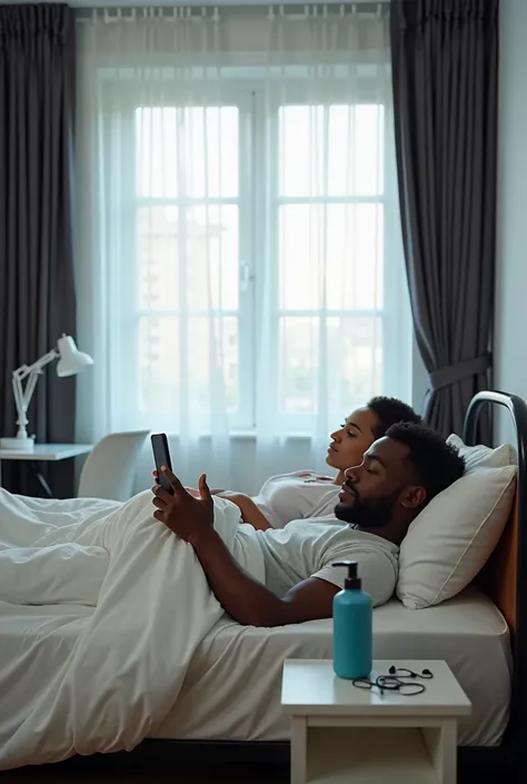 Create an image of a couple resting together in bed. The man, an African individual aged between 27 and 28, is lying on his back, leaning against a pillow while using a black phone. The woman, with Arab and African features, aged between 21 and 23, is lyin...