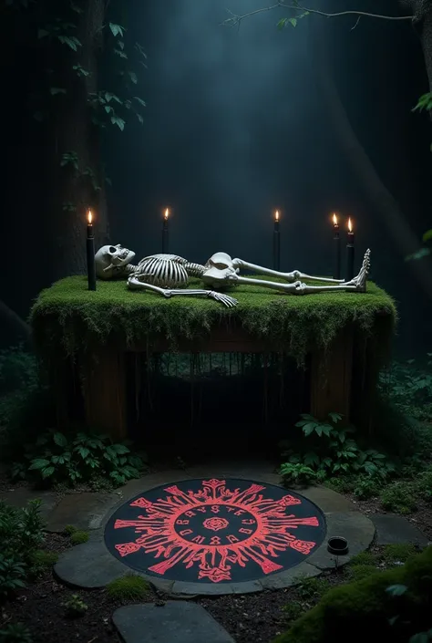 On the mossy old altar 、 a skeleton used for the ceremony is lying。, black candles are lined up around 、 and a magic circle with red letters is drawn 。