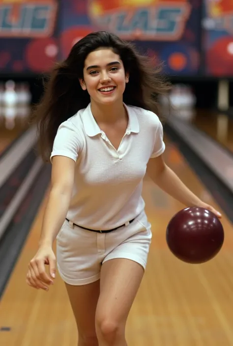 (masterpiece, best quality:1.2), a beautiful girl, cute Jennifer Connelly at age 16, whole body photo, she is enjoying bowling game., she wears in a white shirt and shorts., her beautifully feminine body line is accentuated., healthy muscular beauty, very ...