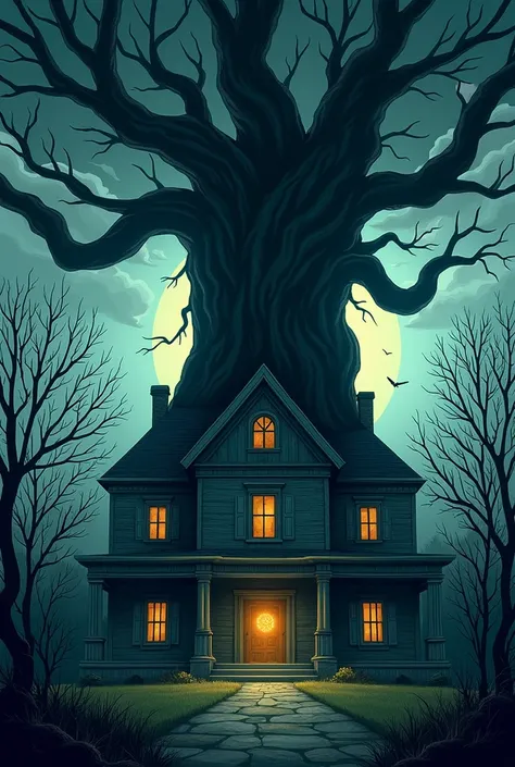 Create a cover page of a short story. An eerie looking house and a humongous giant tree on its backyard. The tree has a small portal where there are whispers coming out.