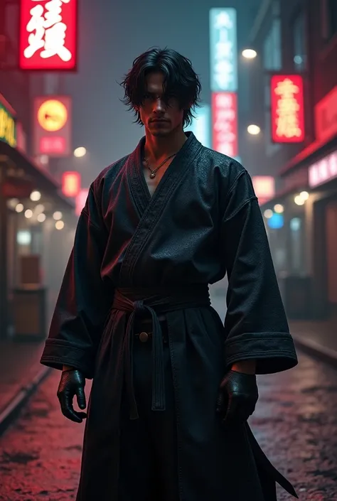 A unique hybrid character blending devil jin from tekken and noob saibot from Mortal Kombat, standing in a gritty urban street with glowing neon signs and dim streetlights. The hybrid features jins black gi modified with noob saibots stylish combat element...