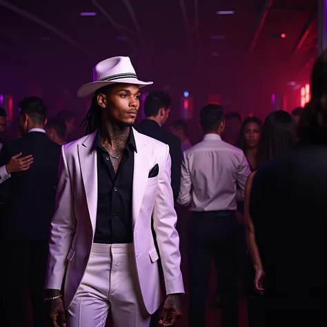 A candid close shot with purple hue shot with a Leica M10 of a very tall, very slender, and very fit 67" african american male with black cornrow braids and rapper inspired tattoos are covering his body. walking in a new york city style loft speakeasy with...